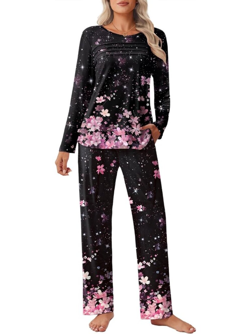 Women's Black Floral Long Sleeve Soft Breathable 2 Piece Pajama Set with Pockets